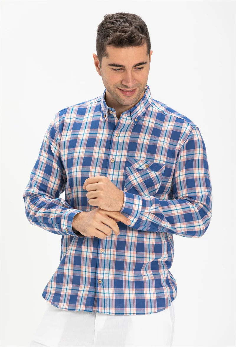 Eliş Şile Bezi Long Sleeve Slim Fit Şile Cloth Single Pocket Men's Shirt Saks Plaid 3060