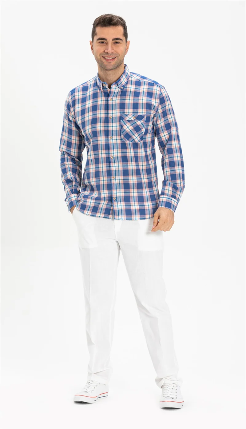 Eliş Şile Bezi Long Sleeve Slim Fit Şile Cloth Single Pocket Men's Shirt Saks Plaid 3060