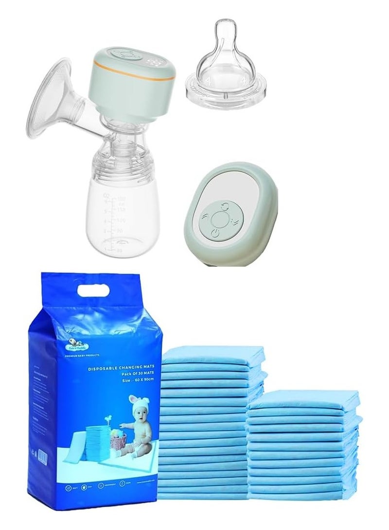 لطف وحضن مضخة ثدي كهربائية – قابلة للارتداء، بدون استخدام اليدين وقابلة لإعادة الشحن، مع شفط هادئ وخالٍ من الألم، محمولة وخالية من مادة BPA. مرفقة مع فوط تغيير أطفال Cute 'n' Cuddle (عبوة 120، مقاس 60×90 سم، باللون الأزرق) – ناعمة، فائقة الامتصاص ومقاومة للماء. - Image 1