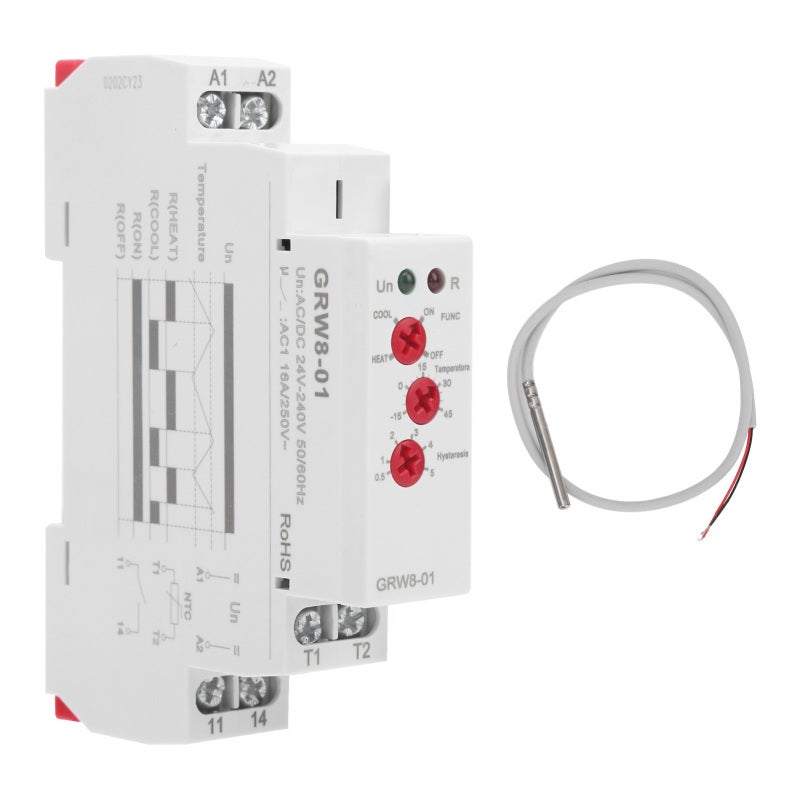 GEYA Temperature Control Relay AC/DC 24V-240V Heating/Cooling Mode Selection - LED Status Indication Temperature Monitor for Industrial & Commercial Temperature Regulation - Image 1