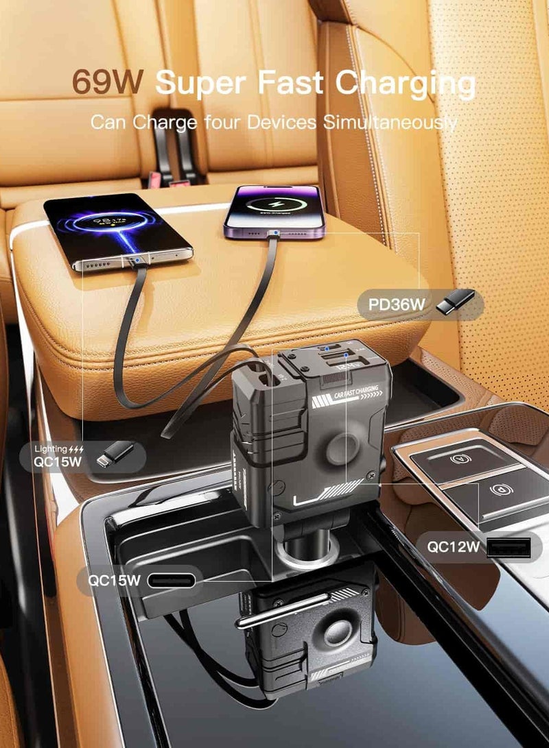 أديلي شاحن سيارة 4 في 1 بقوة ‎120W‎ للشحن السريع، متوافق مع سيارات ‎12V/24V‎، مناسب لأجهزة iPhone وiPad وسامسونج وشاومي وماك بوك – اللون الأسود الميكانيكي - Image 3