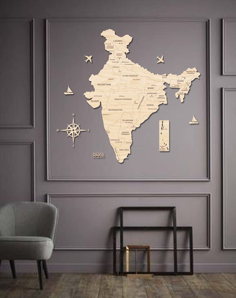 AD INFINITUM® 3D Wooden Map of India | Home Decor | Office Decor | A great gift for travelers | Wall decor State and Capital names with Borders (Beige Maple, 4x3 Feet) - Image 3