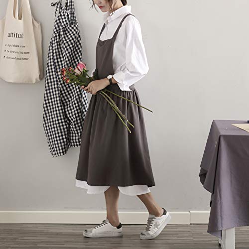 losofar Women Girls Vintage Apron Gardening Works Cross Back Pinafore Dress (grey（no pocket）, 33"x 29") - Image 3