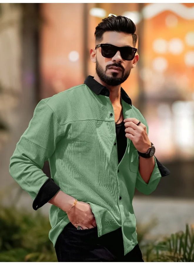 مانياك قميص رجالي قطني بياقة قميص وأكمام كاملة من مانياك بلون أخضر برلي