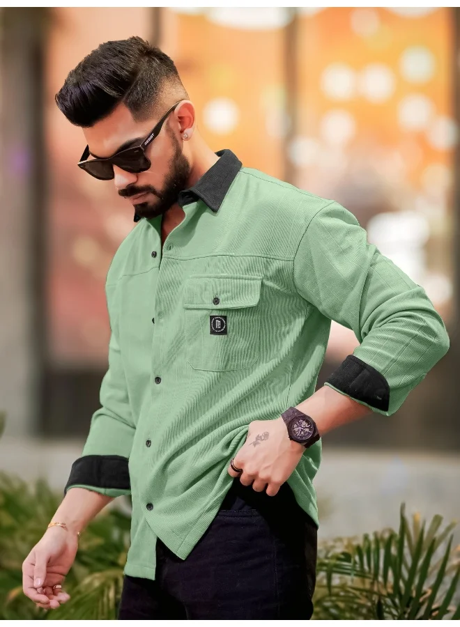 Maniac  Maniac Mens Solid Collared Neck Full Sleeve Berly Green and Black Cotton Shirt for Men | Best Price UAE