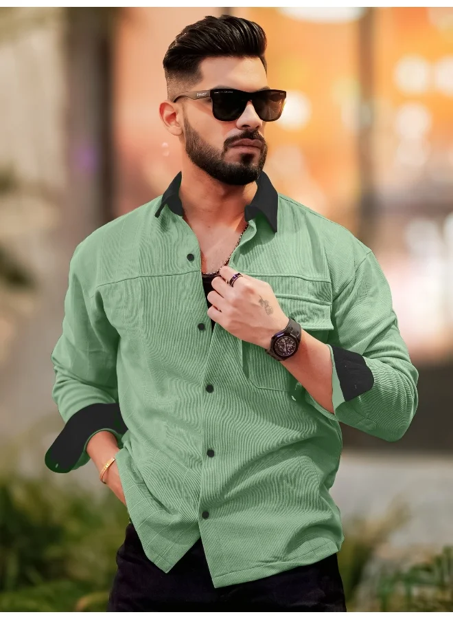 Maniac  Maniac Mens Solid Collared Neck Full Sleeve Berly Green and Black Cotton Shirt for Men | Best Price UAE