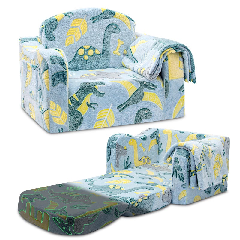 Airpanda Comfy Toddler Chair and Couch for Kids with Blanket,2-in-1 Soft Plush Fold Out Toddler Couch for Girls and Boys,Convertible Sofa to Lounger for Playroom,Glowing Dinosaur - Image 1