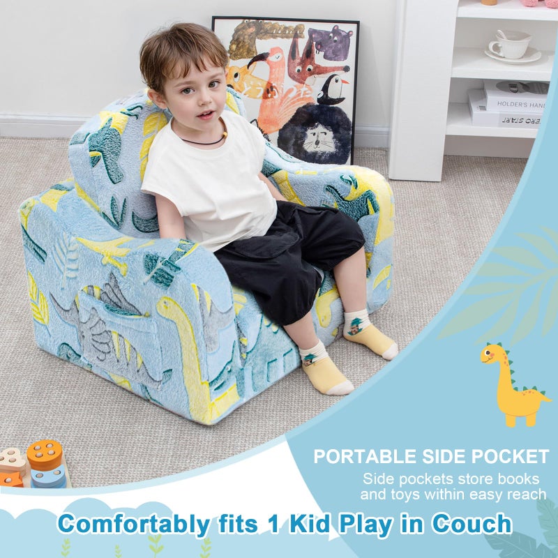 Airpanda Comfy Toddler Chair and Couch for Kids with Blanket,2-in-1 Soft Plush Fold Out Toddler Couch for Girls and Boys,Convertible Sofa to Lounger for Playroom,Glowing Dinosaur - Image 4