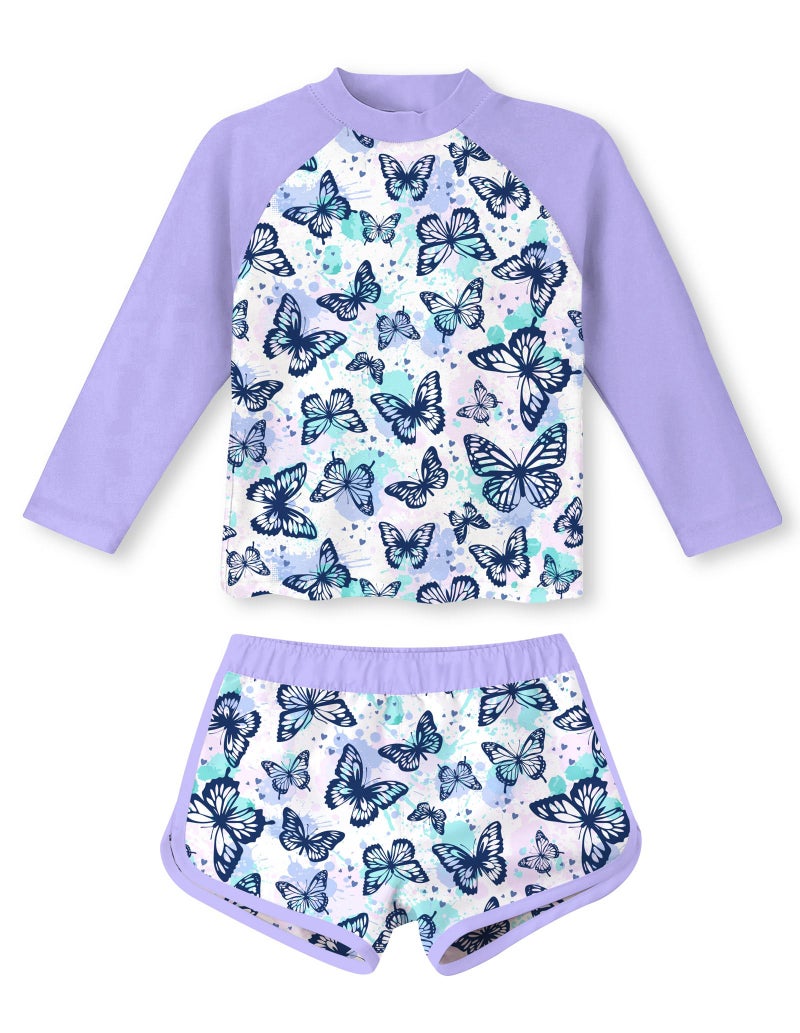 Vogseek Kids 4t Girls Two Pieces Swimsuit UV Protective Purple Butterflies Swimming Suits Long Sleeve Bikini Top and Swim Shorts 2-Piece Set for 4 Year Old Girl - Image 1