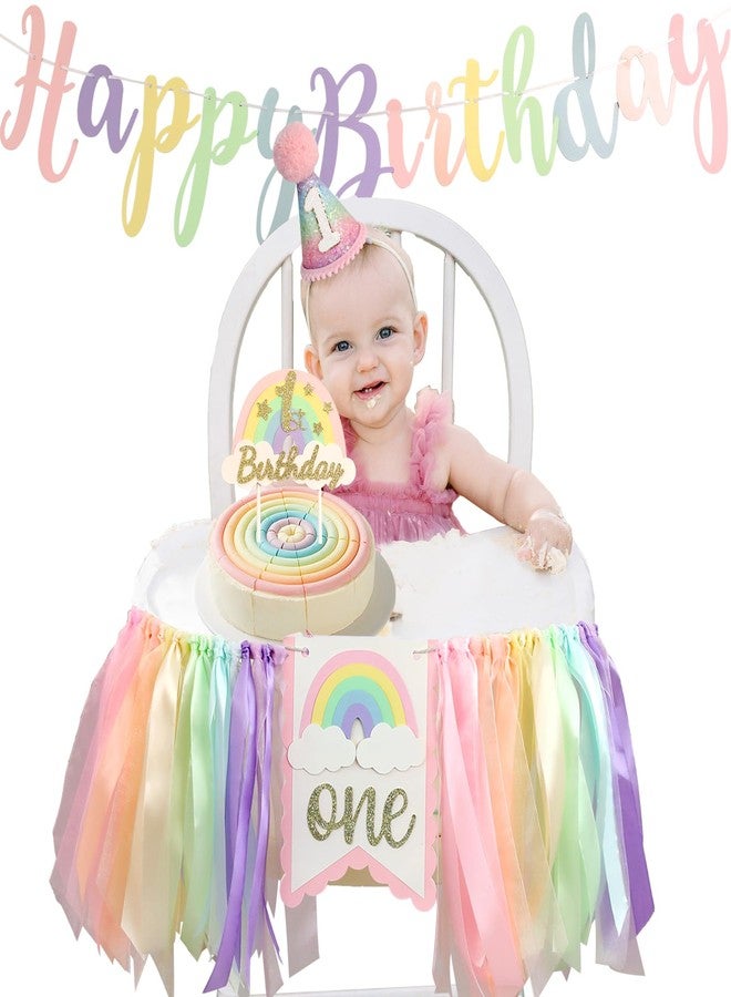 DCJHFJ Rainbow Macaron Highchair Banner 1st Birthday Girl For First Party Decorations Set With Handmade Cake Topper Conical Hat - Image 5