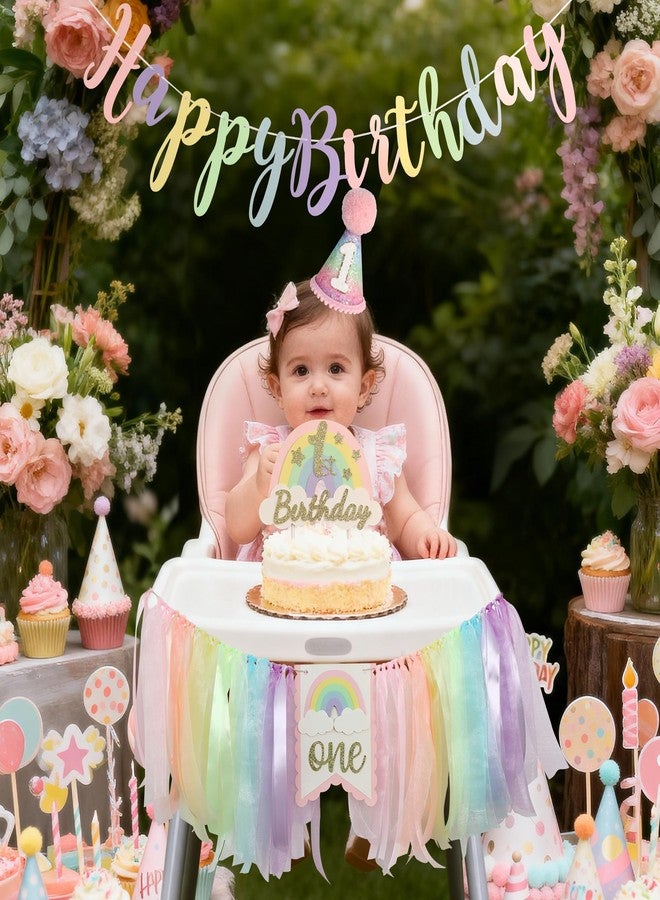 DCJHFJ Rainbow Macaron Highchair Banner 1st Birthday Girl For First Party Decorations Set With Handmade Cake Topper Conical Hat - Image 3