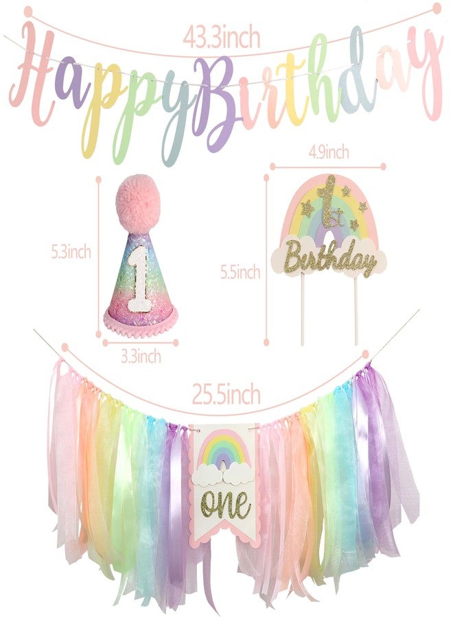 DCJHFJ Rainbow Macaron Highchair Banner 1st Birthday Girl For First Party Decorations Set With Handmade Cake Topper Conical Hat - Image 4