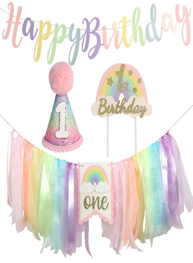 DCJHFJ Rainbow Macaron Highchair Banner 1st Birthday Girl For First Party Decorations Set With Handmade Cake Topper Conical Hat - Image 1