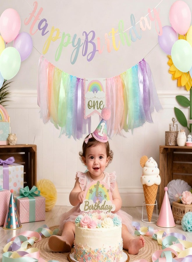 DCJHFJ Rainbow Macaron Highchair Banner 1st Birthday Girl For First Party Decorations Set With Handmade Cake Topper Conical Hat - Image 2
