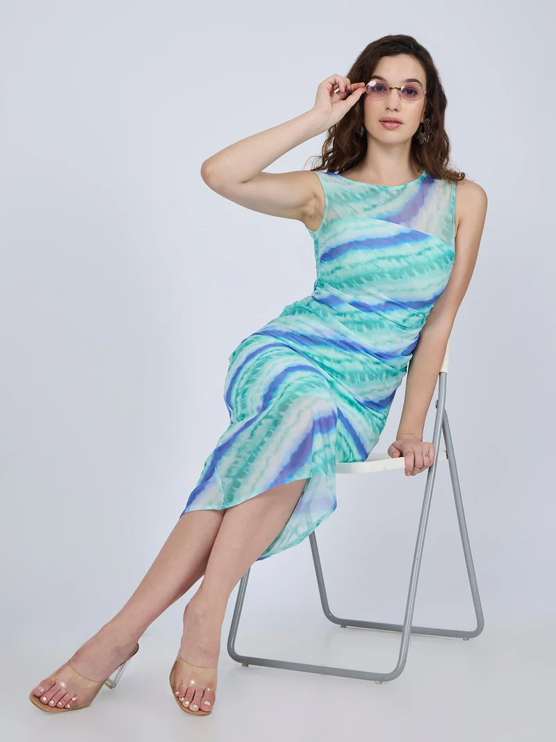 OUTZIDR Blue Printed Off Shoulder Midi Dress