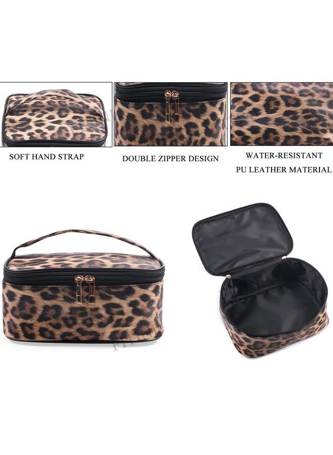 Fitini Makeup Bag Travel Large Toiletry Bag 3 Pack Portable Cosmetic Organizer Pouch with Small Brush Storage Case Gold Zipper Waterproof for Women and Girls, Leopard, Fashion - Image 4