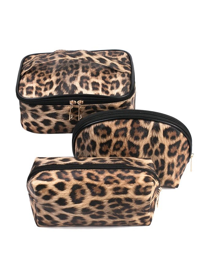Fitini Makeup Bag Travel Large Toiletry Bag 3 Pack Portable Cosmetic Organizer Pouch with Small Brush Storage Case Gold Zipper Waterproof for Women and Girls, Leopard, Fashion - Image 1