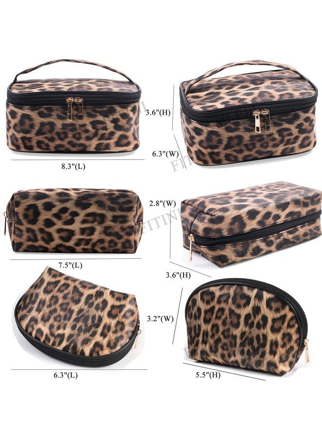 Fitini Makeup Bag Travel Large Toiletry Bag 3 Pack Portable Cosmetic Organizer Pouch with Small Brush Storage Case Gold Zipper Waterproof for Women and Girls, Leopard, Fashion - Image 2