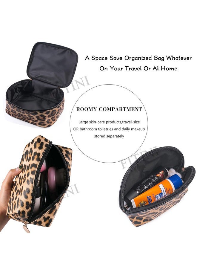Fitini Makeup Bag Travel Large Toiletry Bag 3 Pack Portable Cosmetic Organizer Pouch with Small Brush Storage Case Gold Zipper Waterproof for Women and Girls, Leopard, Fashion - Image 3