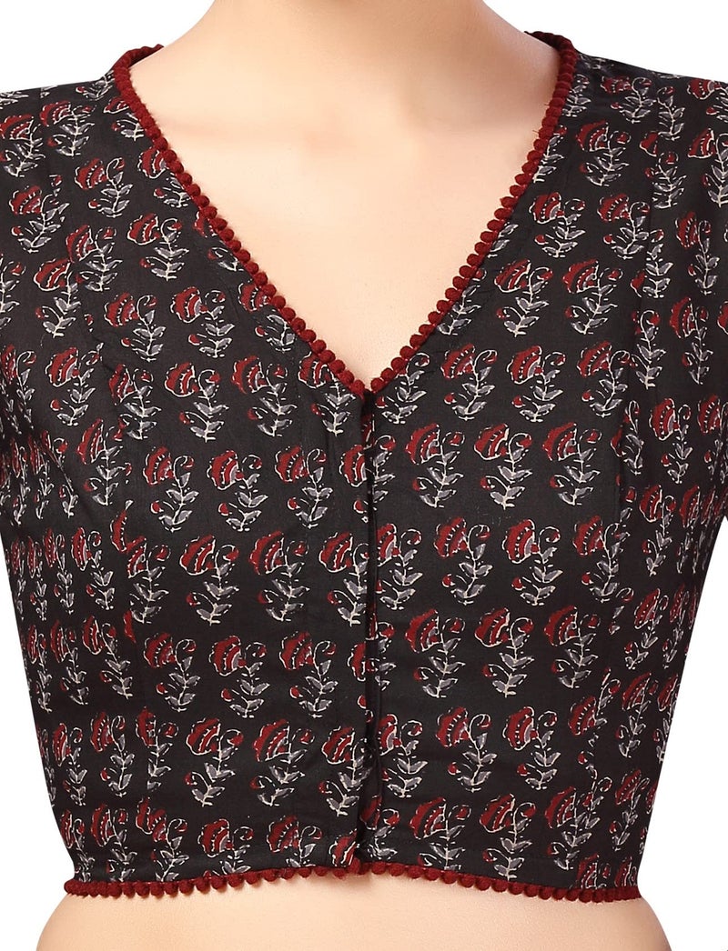 Studio Shringaar Women's Cotton 3/4 Sleeves Block Printed Cotton V Neck Saree Blouse (Black, 42) - Image 5