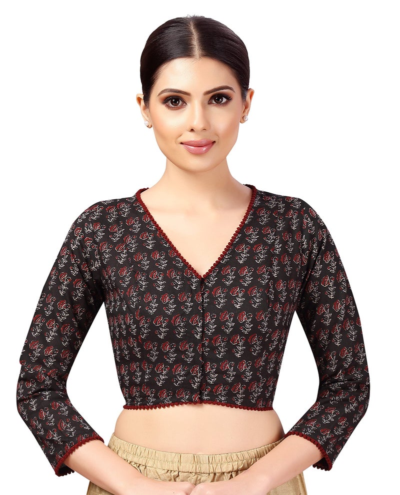Studio Shringaar Women's Cotton 3/4 Sleeves Block Printed Cotton V Neck Saree Blouse (Black, 42) - Image 1