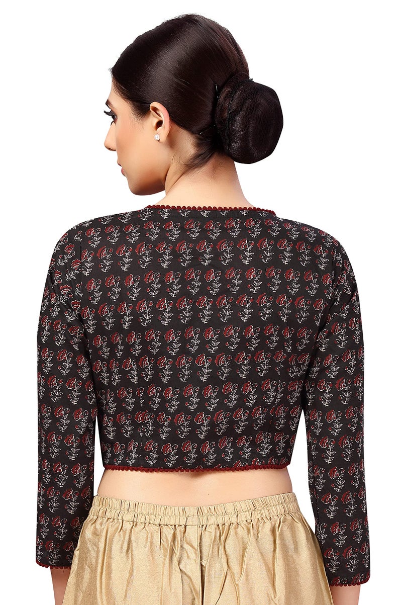Studio Shringaar Women's Cotton 3/4 Sleeves Block Printed Cotton V Neck Saree Blouse (Black, 42) - Image 2