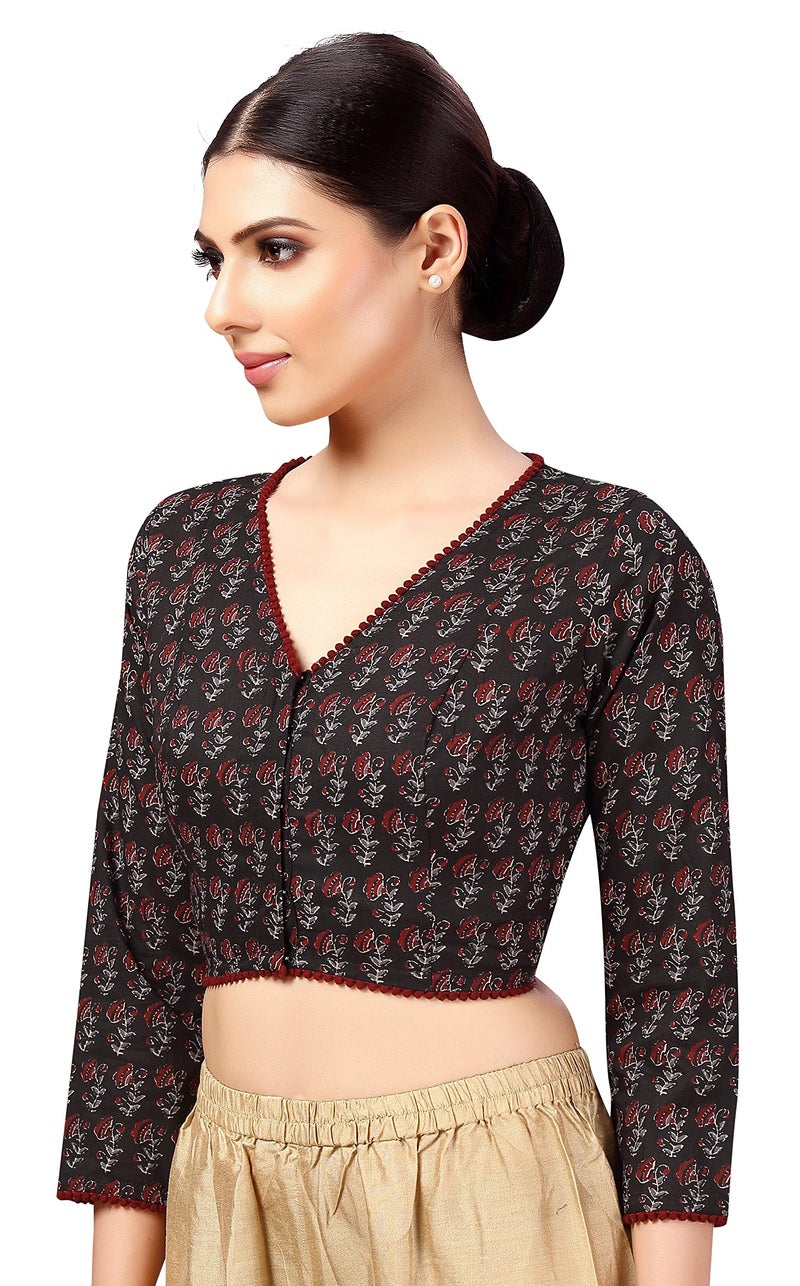 Studio Shringaar Women's Cotton 3/4 Sleeves Block Printed Cotton V Neck Saree Blouse (Black, 42) - Image 3