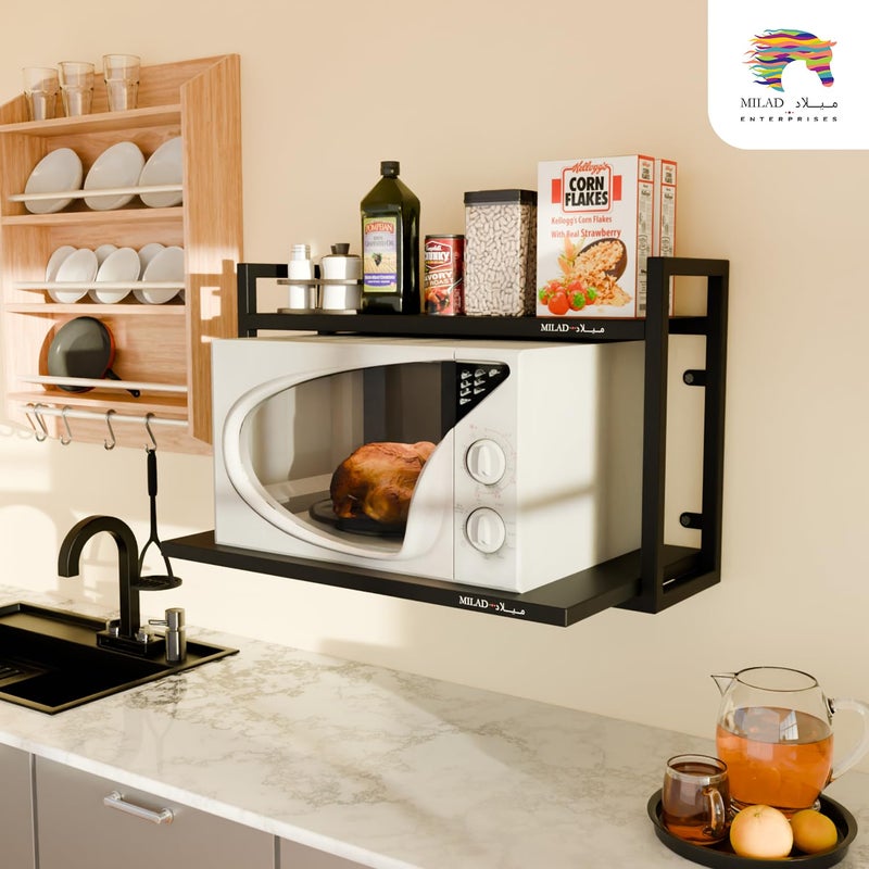 MILAD Wall Mount Metal Microwave Stand/OTG Stand for Kitchen Multipurpose Kitchen Storage Racks and Shelves - Oven Stand with Spice Storage Rack (Full Black) - Image 2