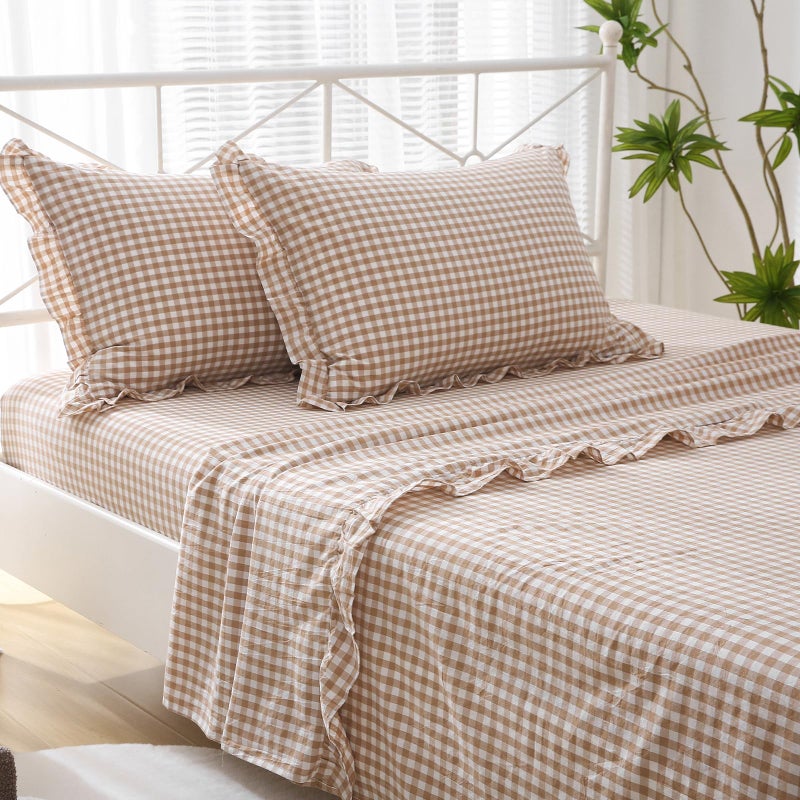 K MASANIJI Taupe White Plaid Ruffle Sheets Twin Size 4Piece Set 300TC 100 Yarn Dyed Cotton Sheets Deep Pocket Farmhouse Gingham Decorative Bedding TaupeWhite Plaid Twin
