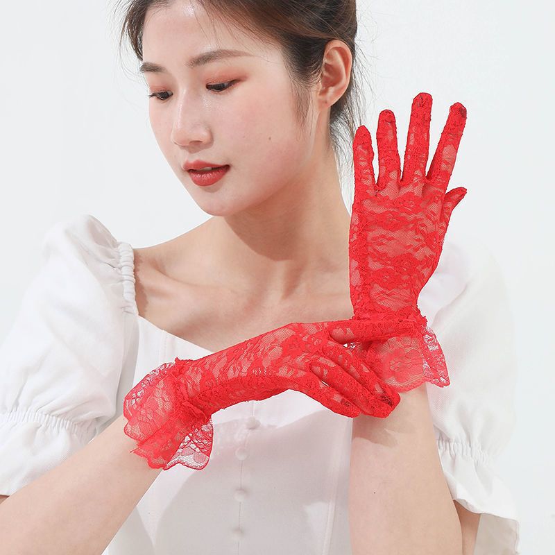 Summer Thin Lace Gloves Elegant Short Bridal Wedding Big Red