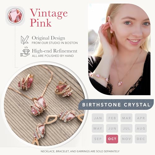Leafael Wish Stone Pendant Necklace with Vintage Pink Birthstone Crystal for October, 18K Rose Gold Plated, 18" + 2" Chain - Image 4