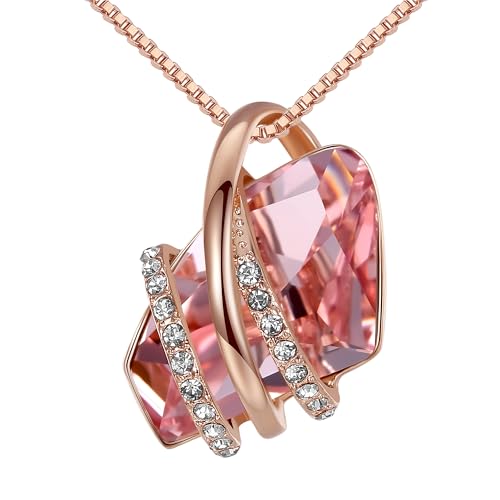 Leafael Wish Stone Pendant Necklace with Vintage Pink Birthstone Crystal for October, 18K Rose Gold Plated, 18" + 2" Chain - Image 1