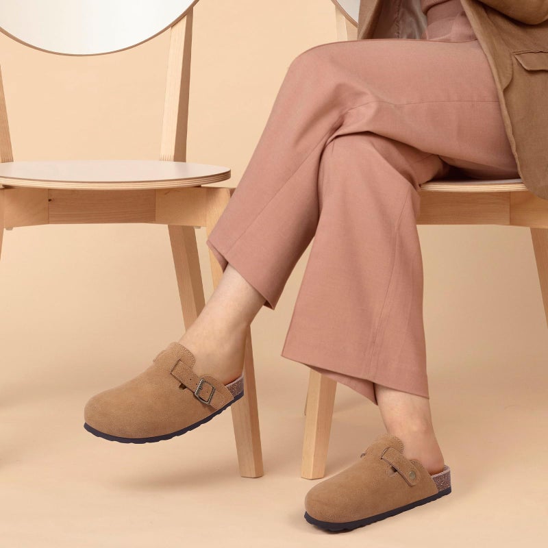 ODOLY Genuine Suede Clogs for Women Men Soft Cork Footbed Leather Mules Comfort Potato Shoes with Arch Support, Brown 39 - Image 2
