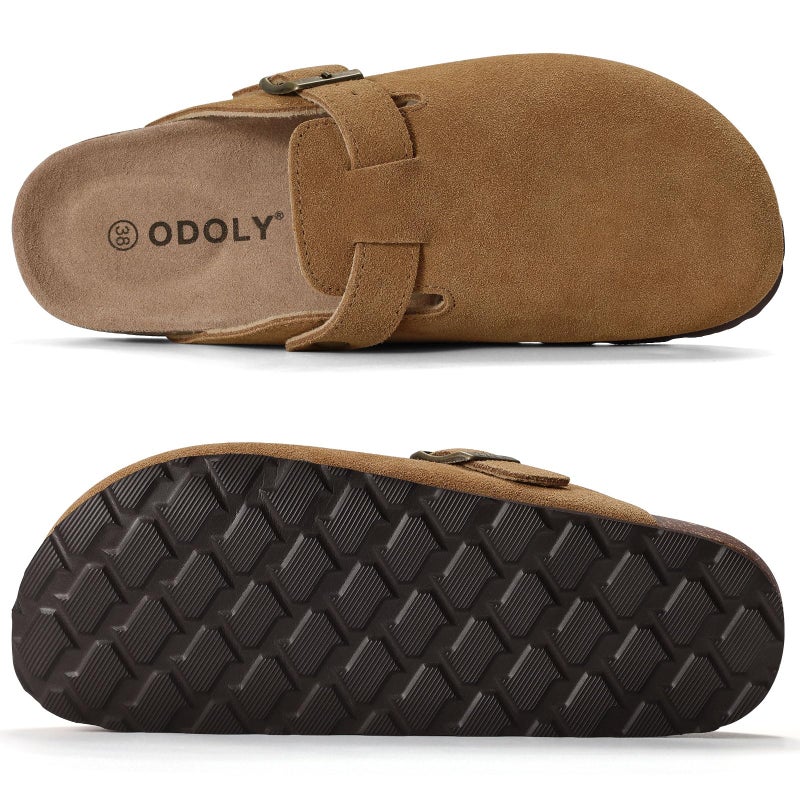 ODOLY Genuine Suede Clogs for Women Men Soft Cork Footbed Leather Mules Comfort Potato Shoes with Arch Support, Brown 39 - Image 5