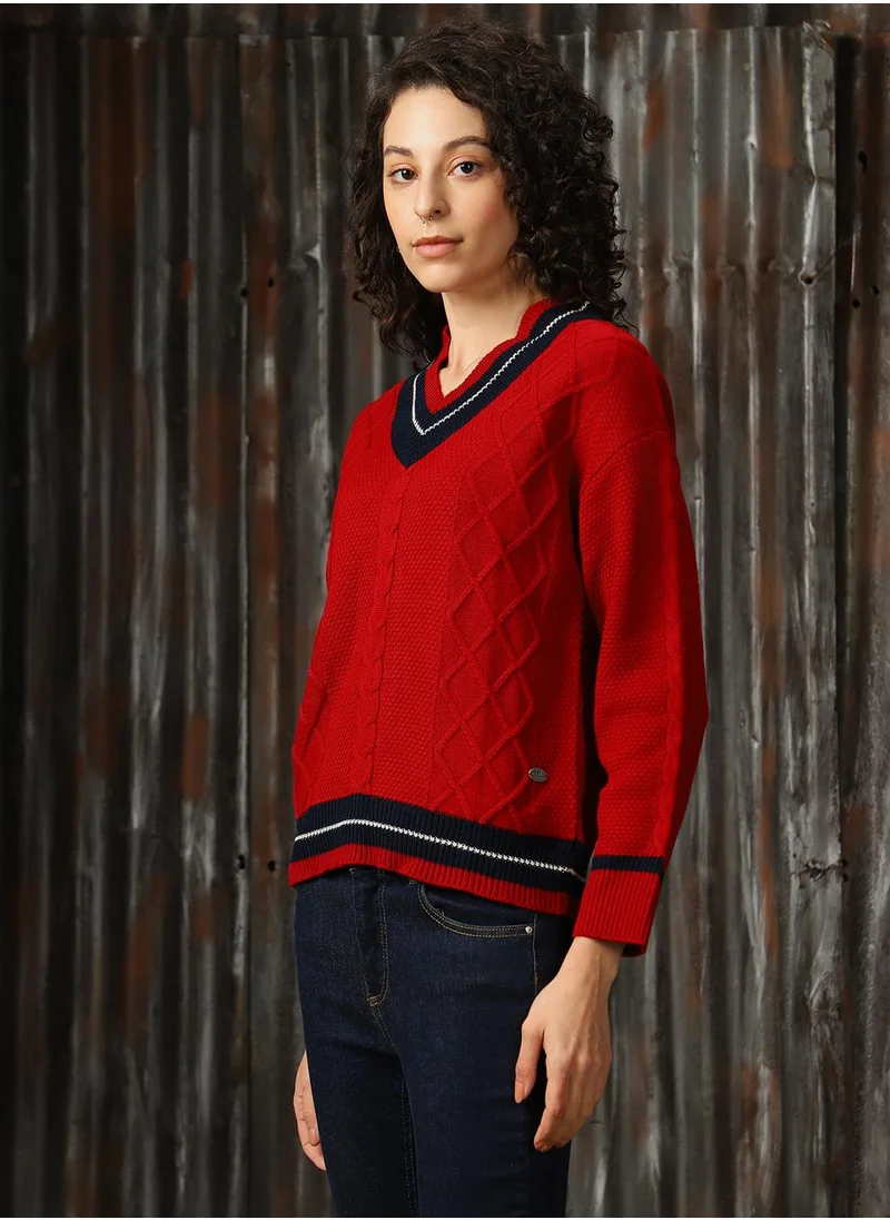 هاي ستار Women's Red With Navy And Marshmellow 100% Acrylic Solid Regular Fit Sweater