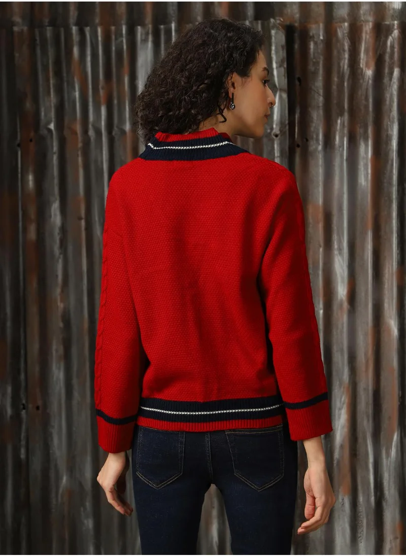 HIGH STAR Women's Red With Navy And Marshmellow 100% Acrylic Solid Regular Fit Sweater