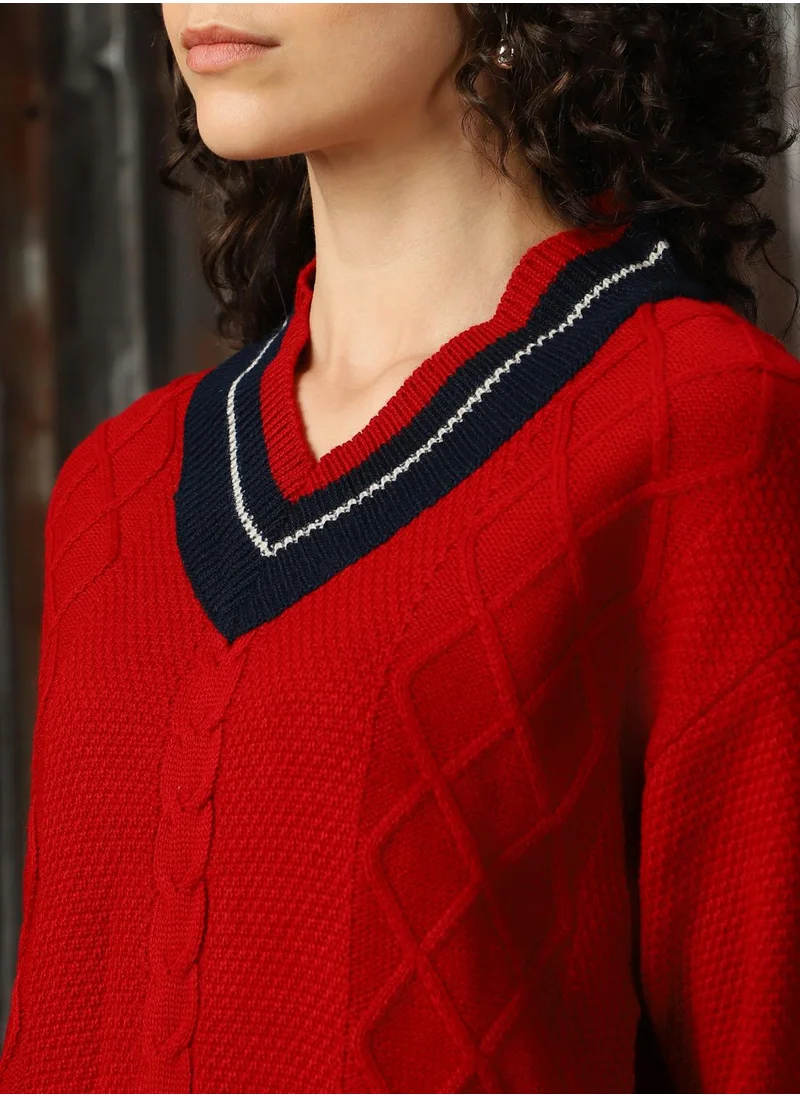 HIGH STAR Women's Red With Navy And Marshmellow 100% Acrylic Solid Regular Fit Sweater