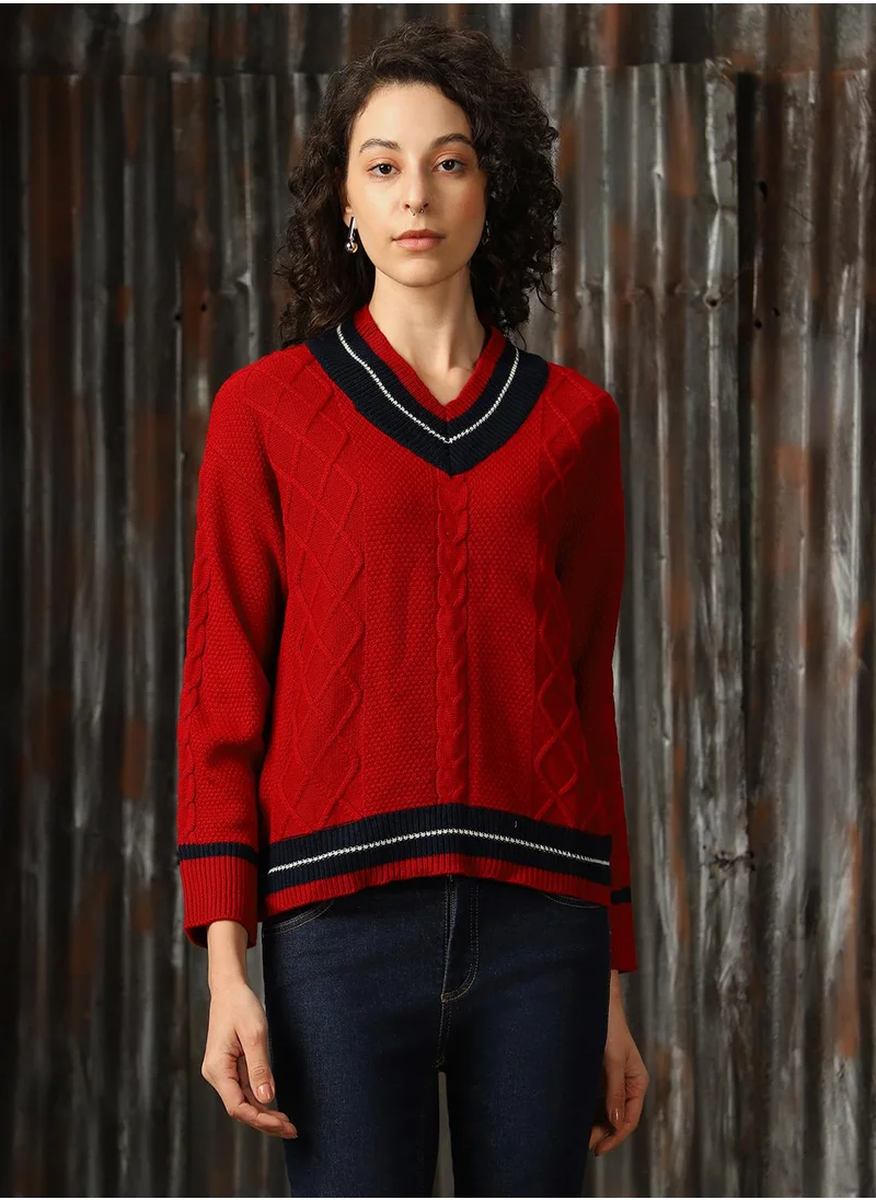 هاي ستار Women's Red With Navy And Marshmellow 100% Acrylic Solid Regular Fit Sweater