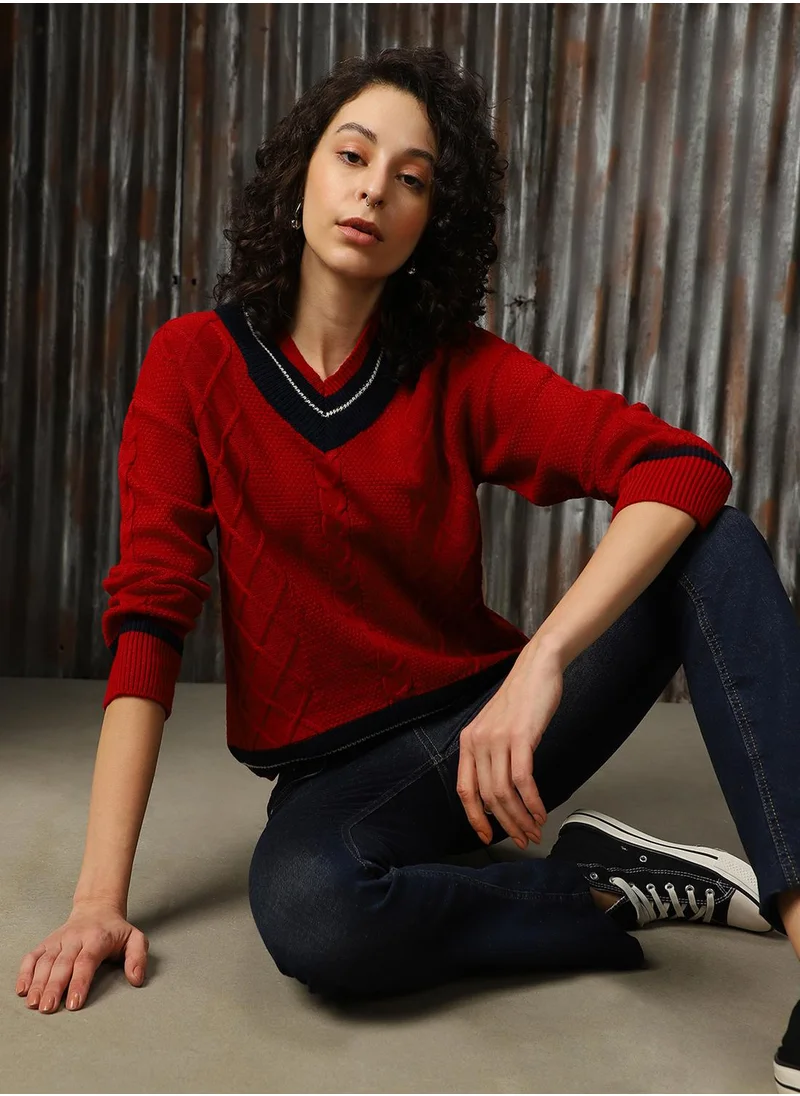 HIGH STAR Women's Red With Navy And Marshmellow 100% Acrylic Solid Regular Fit Sweater