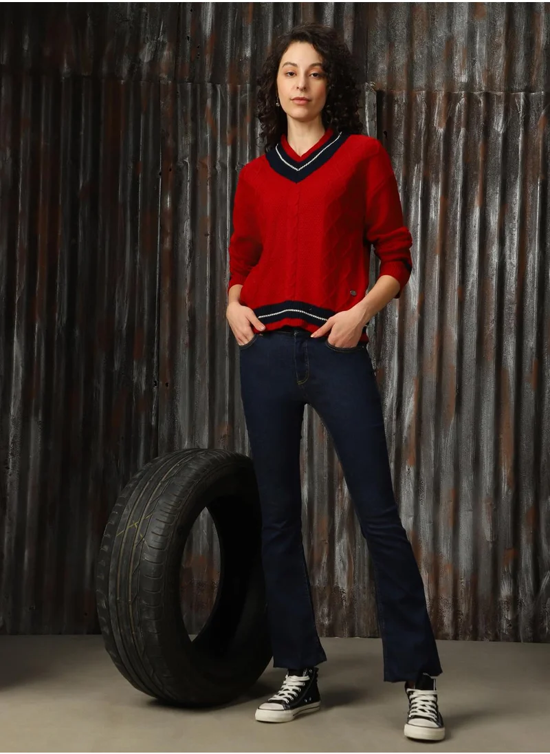 HIGH STAR Women's Red With Navy And Marshmellow 100% Acrylic Solid Regular Fit Sweater