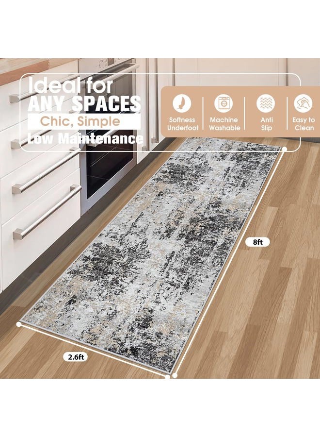 Aelenmu Runner Rug for Hallways Kitchen 2'6"x8' Washable Non Slip: Carpet Non Skid 8ft Entryway Rubber Backed 8 Feet Neutral Abstract Modern Rug Low Pile Pet Friendly Indoor Black Grey Gold - Image 2