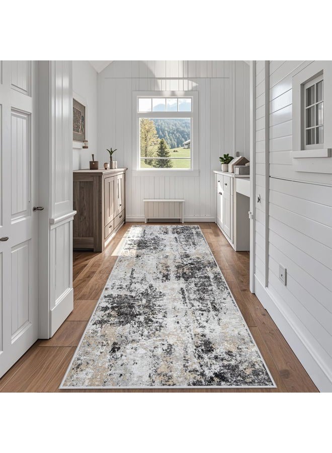 Aelenmu Runner Rug for Hallways Kitchen 2'6"x8' Washable Non Slip: Carpet Non Skid 8ft Entryway Rubber Backed 8 Feet Neutral Abstract Modern Rug Low Pile Pet Friendly Indoor Black Grey Gold - Image 1