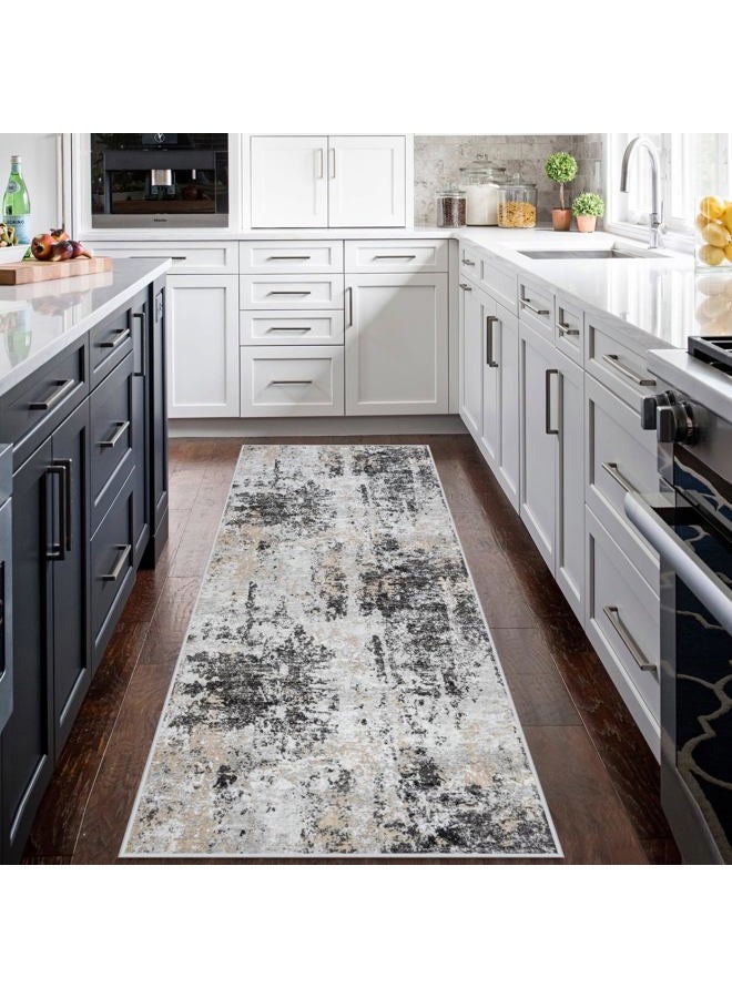 Aelenmu Runner Rug for Hallways Kitchen 2'6"x8' Washable Non Slip: Carpet Non Skid 8ft Entryway Rubber Backed 8 Feet Neutral Abstract Modern Rug Low Pile Pet Friendly Indoor Black Grey Gold - Image 3