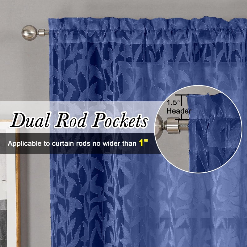 Lecloud Leia Dusty Blue Sheer Valance for Windows 14 Inch Length 2 PCS, Dual Rod Pockets Living Room Bedroom Short Curtains, Jacquard Clip Textured Leaf Window Treatments, 40 W x 14 L - Image 2