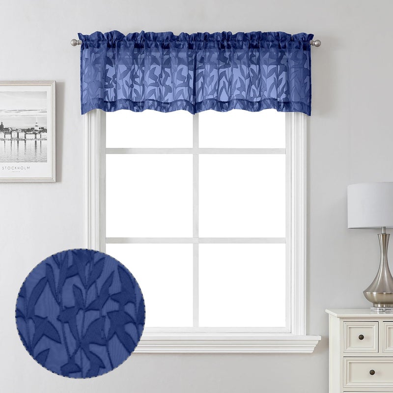 Lecloud Leia Dusty Blue Sheer Valance for Windows 14 Inch Length 2 PCS, Dual Rod Pockets Living Room Bedroom Short Curtains, Jacquard Clip Textured Leaf Window Treatments, 40 W x 14 L - Image 1