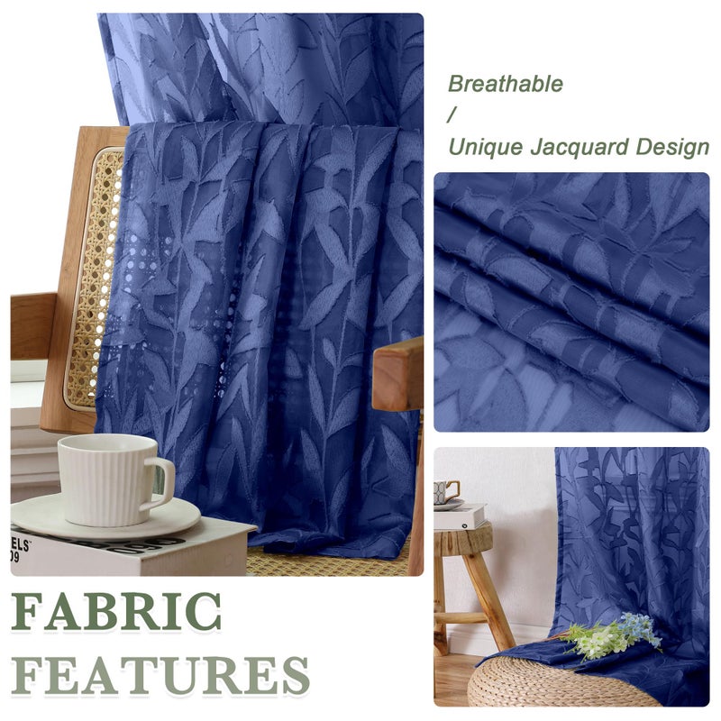 Lecloud Leia Dusty Blue Sheer Valance for Windows 14 Inch Length 2 PCS, Dual Rod Pockets Living Room Bedroom Short Curtains, Jacquard Clip Textured Leaf Window Treatments, 40 W x 14 L - Image 3