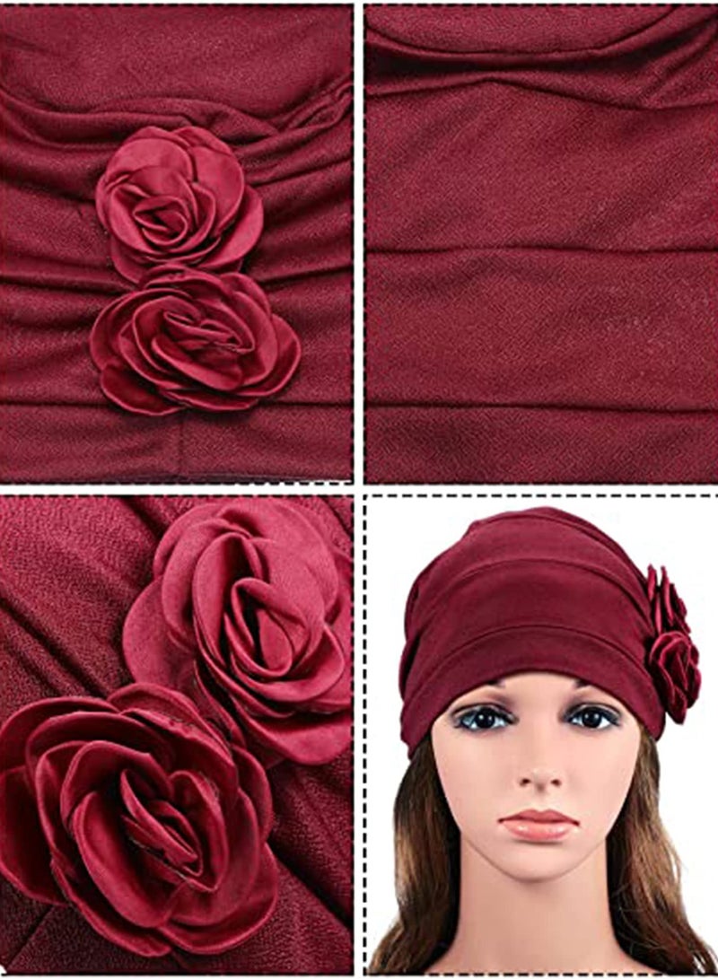 6 قطع قبعات نسائية من التوربان مع زهور، قبعة عتيقة برباط مرن، غطاء رأس مرن، قبعات غطاء رأس عتيقة للنساء - Image 3