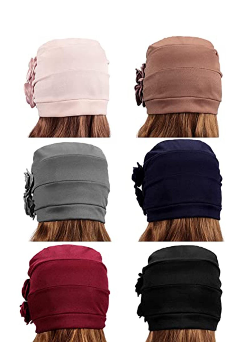 6 قطع قبعات نسائية من التوربان مع زهور، قبعة عتيقة برباط مرن، غطاء رأس مرن، قبعات غطاء رأس عتيقة للنساء - Image 5