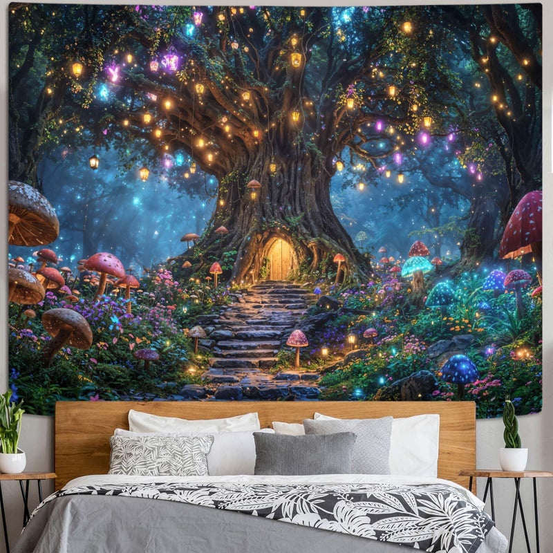 Lifeella Tree of Life Tapestry, Mushroom House Wall Art, Fantasy Forest Landscape Nature Art for Bedroom Living Room, 36x48 inches - Image 4
