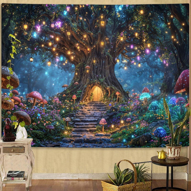 Lifeella Tree of Life Tapestry, Mushroom House Wall Art, Fantasy Forest Landscape Nature Art for Bedroom Living Room, 36x48 inches - Image 1